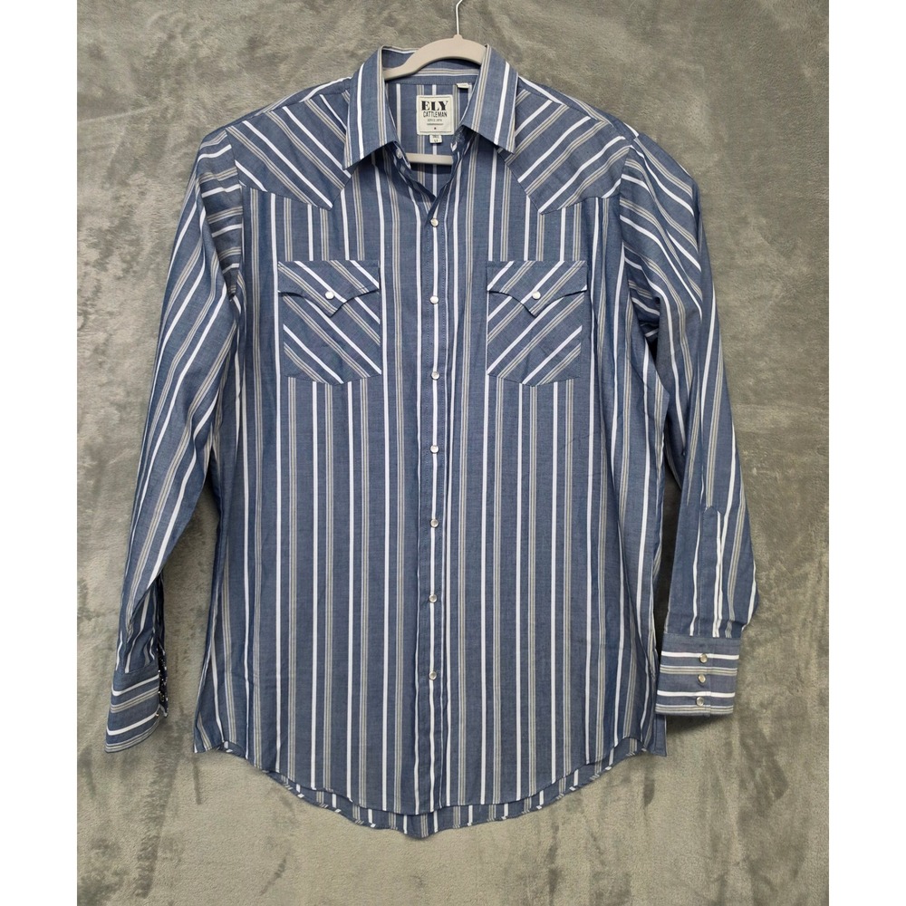 Ely Cattleman Mens Blue White Striped Western Pearl Snap Shirt Tall LT L/S